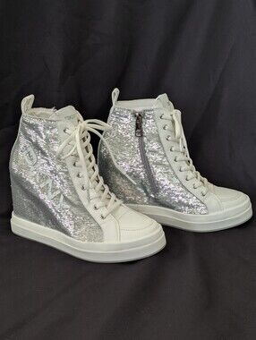 DKNY Sophie Silver Sequin & White High Top Wedge Sneakers NEW w/o Box US W Sz 8